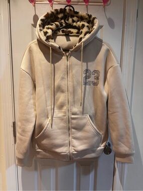 Cream Zip-Up Hoodie with Leopard Print Lined Hood